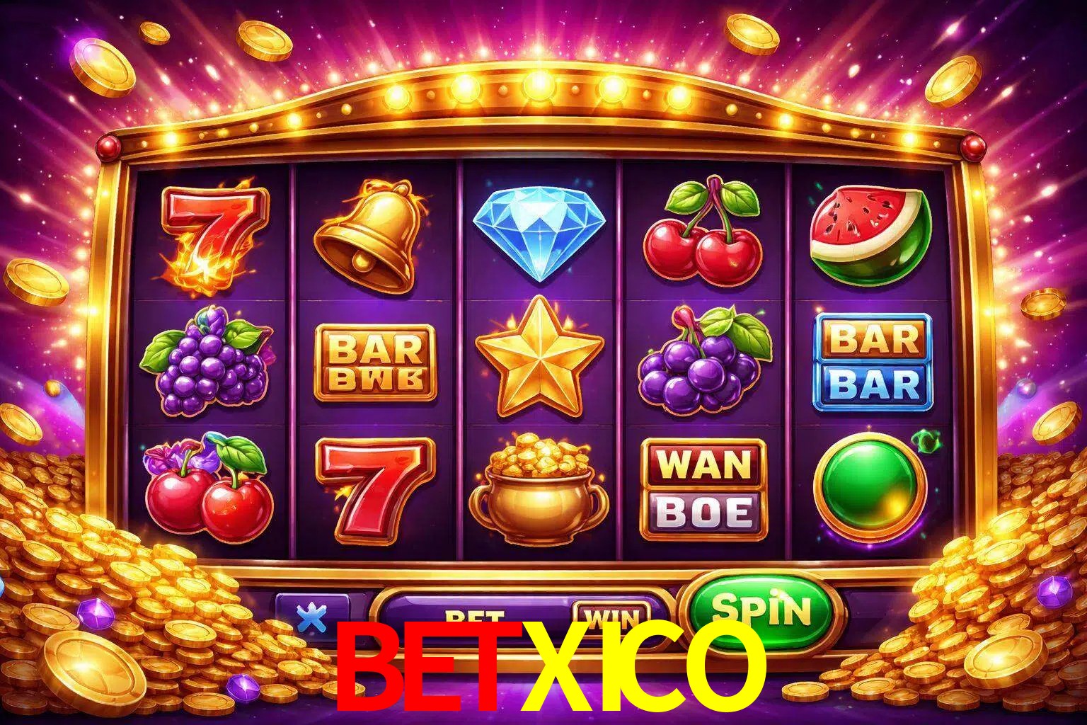 Una interfaz colorida de tragamonedas en línea con símbolos brillantes, monedas y un efecto de victoria celebratoria en BETXICO.