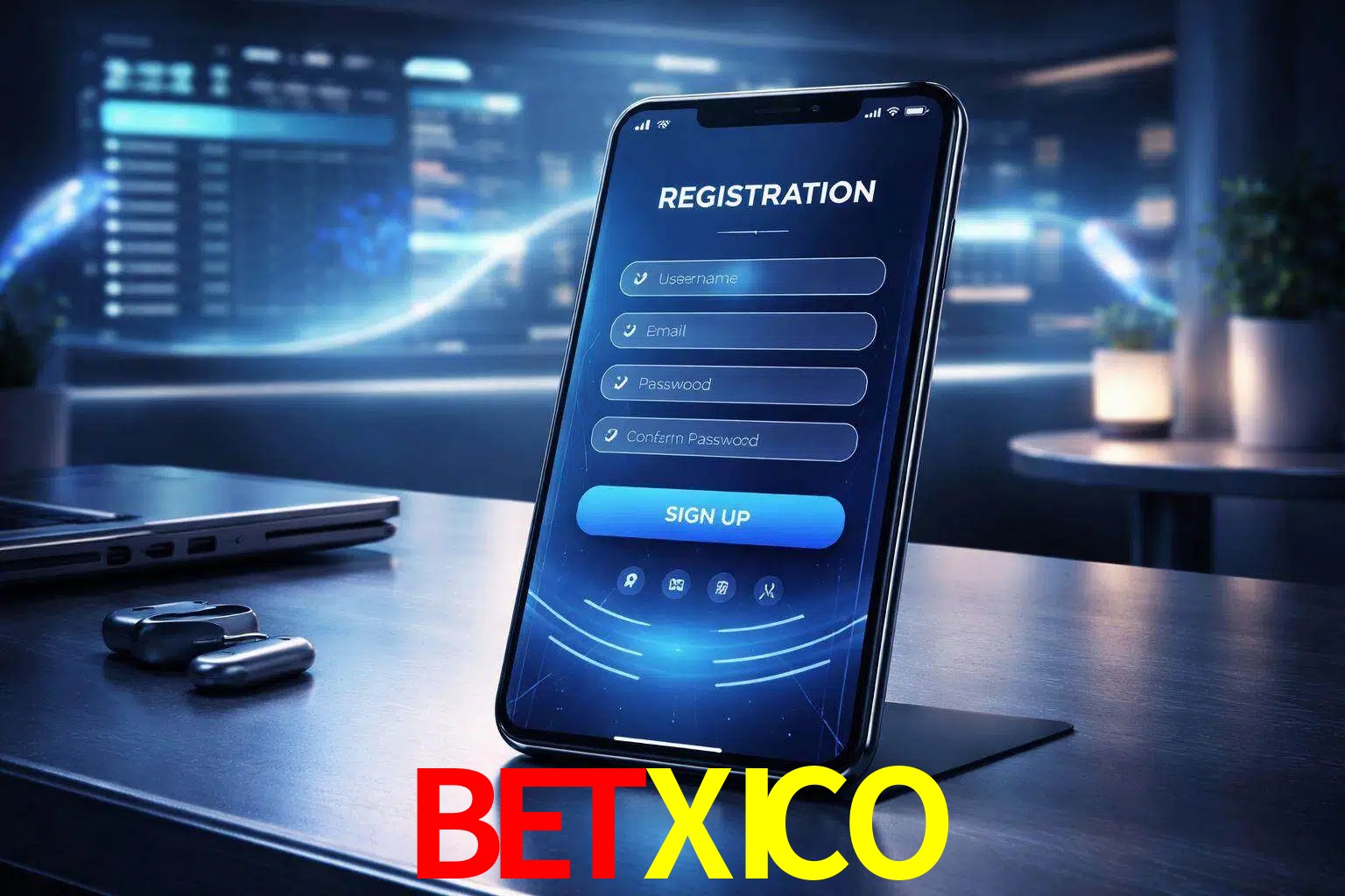 Una interfaz moderna de registro móvil para BETXICO mostrada en un smartphone con un panel de apuestas elegante.
